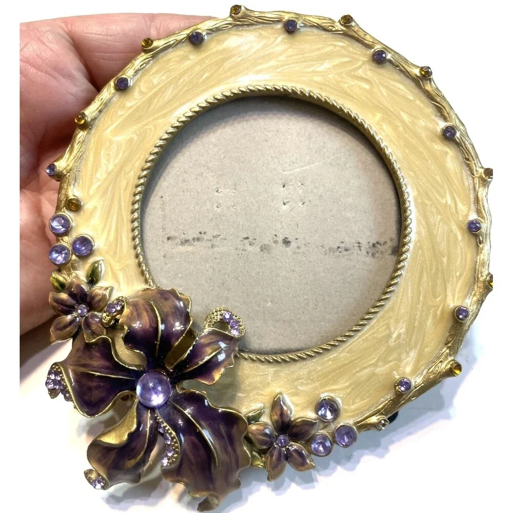 Ashleigh Manor Frame Purple Hibiscus Flower Rhinestone Jeweled Enamel 3x3 Photo - Picture 1 of 10